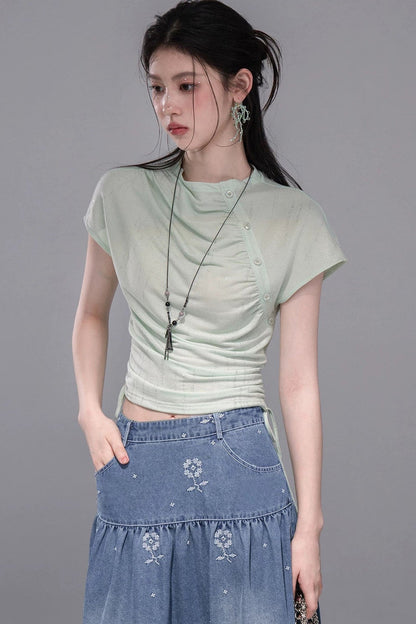 Ultra-Slimming Pleated Short-Sleeve T-Shirt