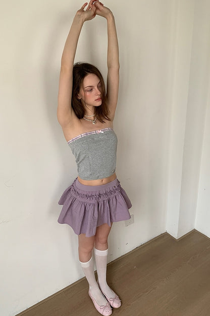 Gray Pink Plaid Bow Tube Top