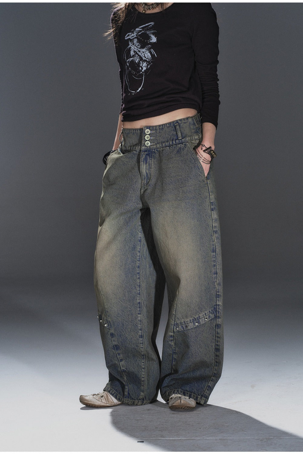 Waist Rivet Split Wide-Leg Denim Jeans