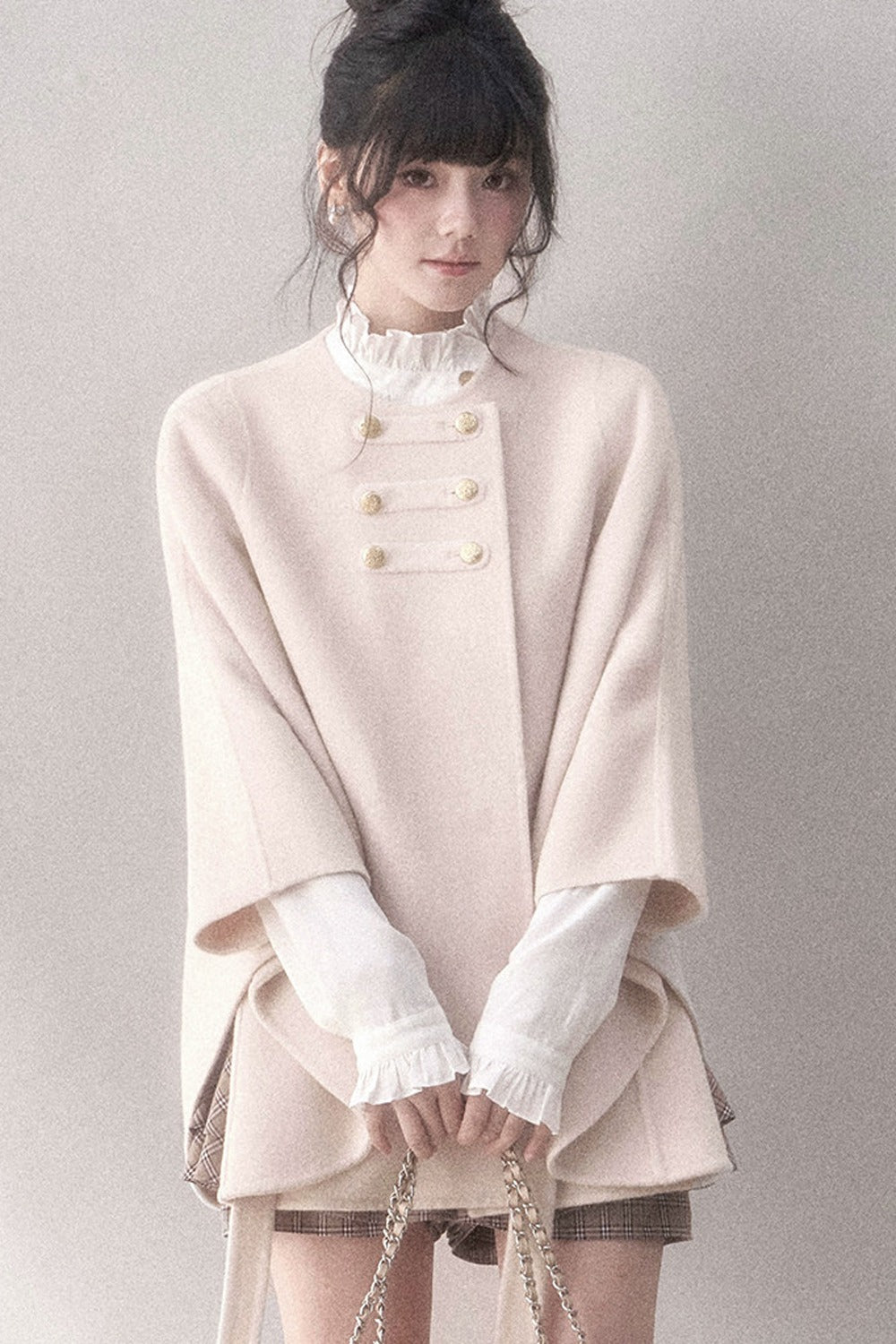 Double-Sided Wool Metal Button Cape Coat Set