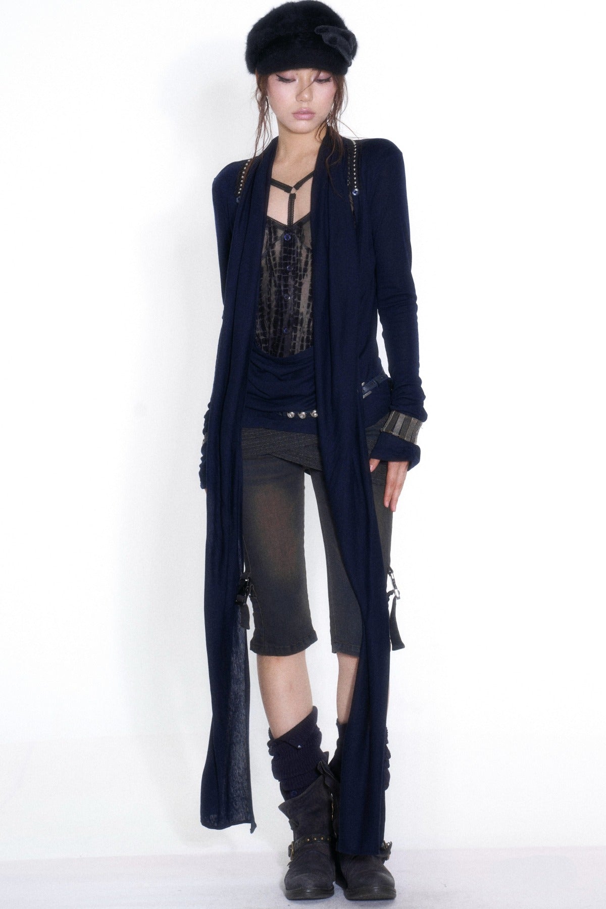 Cross-Neck Tencel Knit Mesh Spliced Long-Sleeved Top