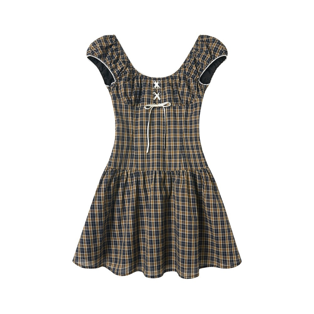 Navy Plaid Lace Dress
