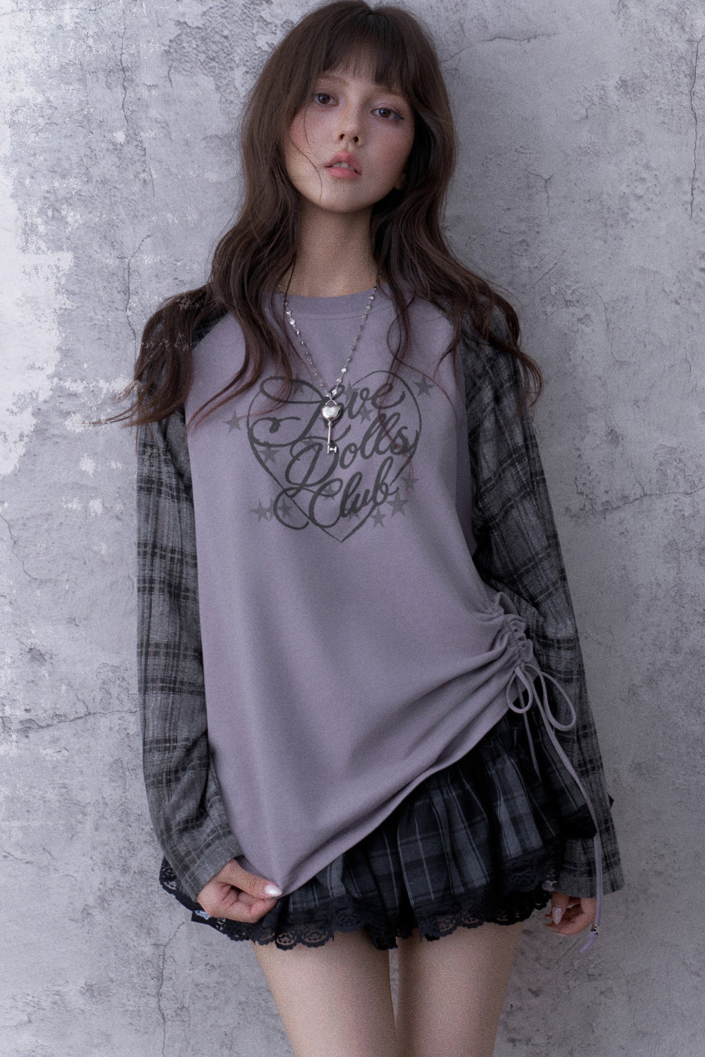 Gray-Purple Printed Raglan Drawstring T-Shirt and Skirt Set-Up