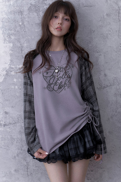 Gray-Purple Printed Raglan Drawstring T-Shirt and Skirt Set-Up