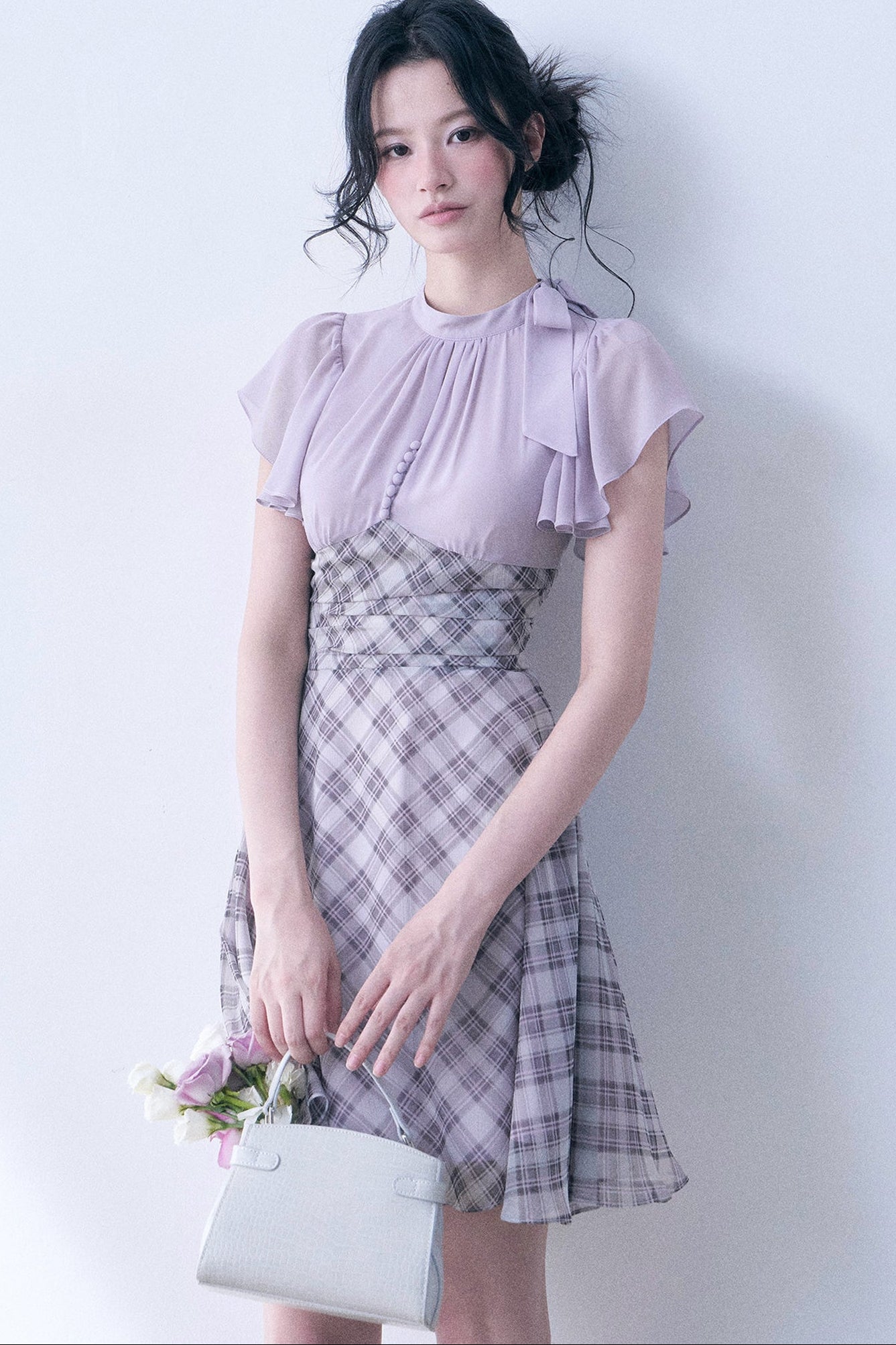 Lavender Plaid Flutter Sleeve Dress