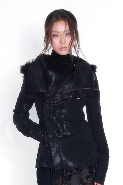 Spliced Fur Collar Scimitar Sleeve Top