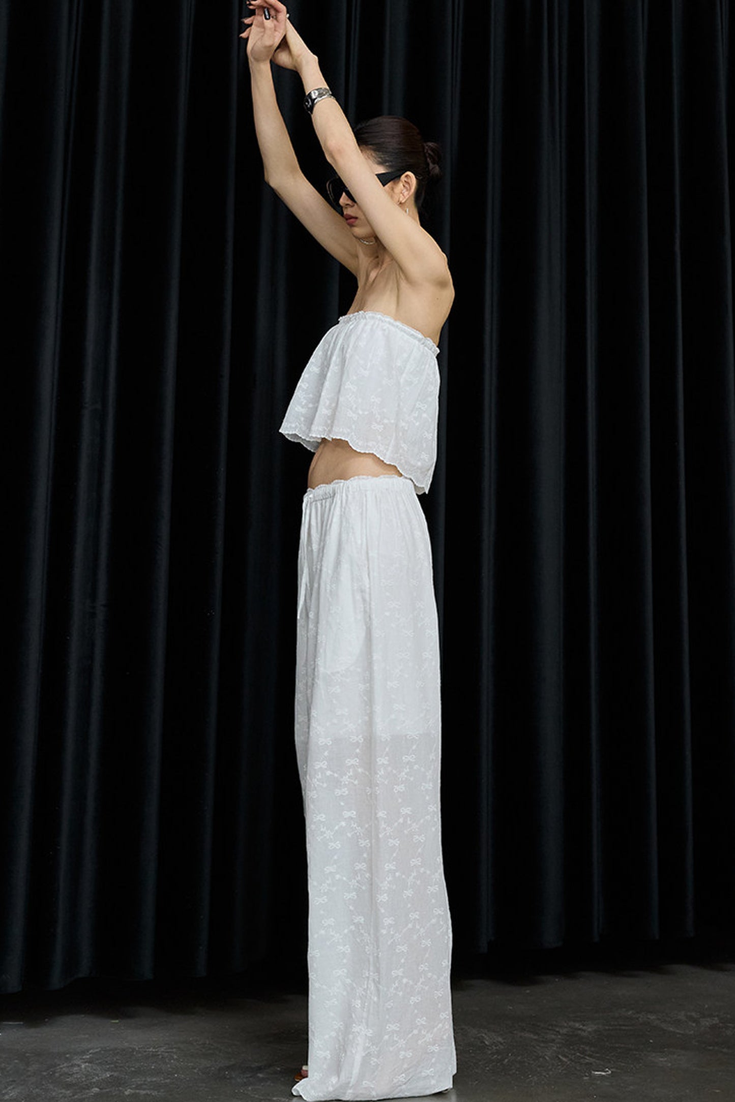 White Cotton Hollow Embroidery Top And Pants Set-Up