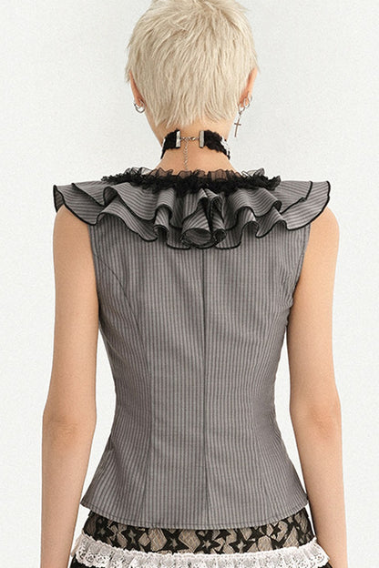 Camicia gotica a righe con volant, scollo a V e senza maniche