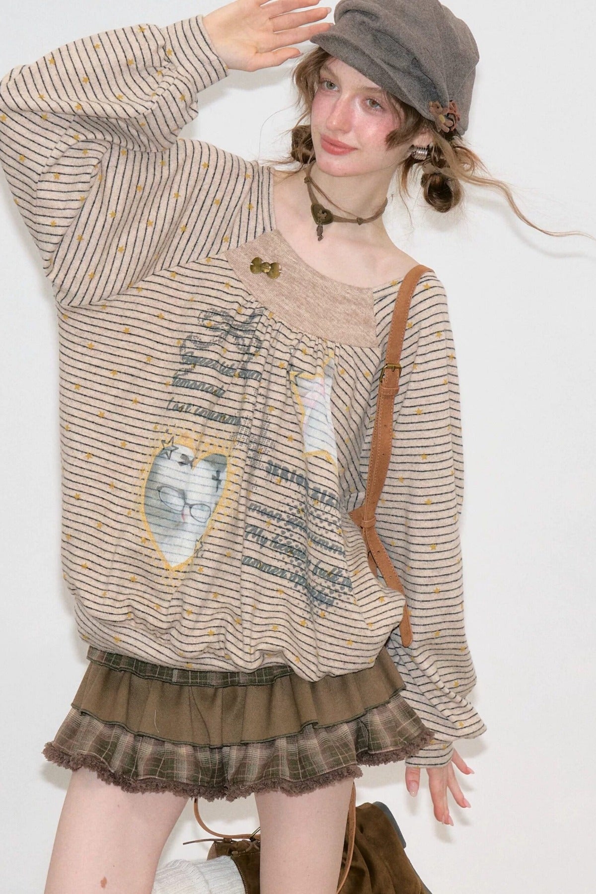 Striped Cat Print Sweatshirt