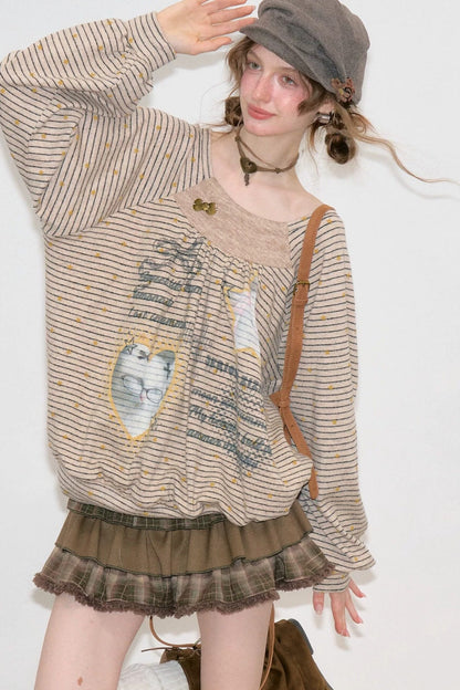Striped Cat Print Sweatshirt
