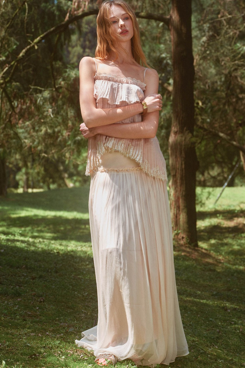 Retro Pleated Lace Pearl Skirt Set-Up