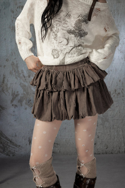 Brown Bud Waist Pleated Skirt