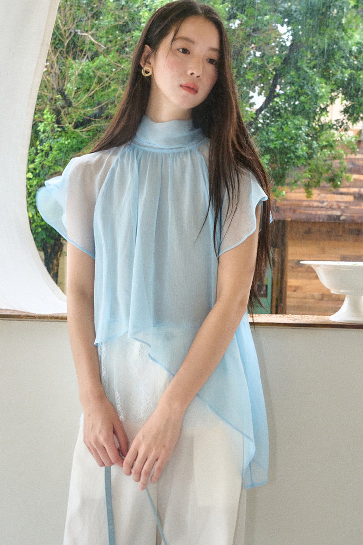 Sheer Blue Lace Ribbon Short Sleeve Top