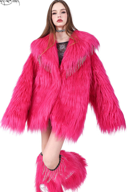 Pink Rhinestone Fringe Fur Jacket