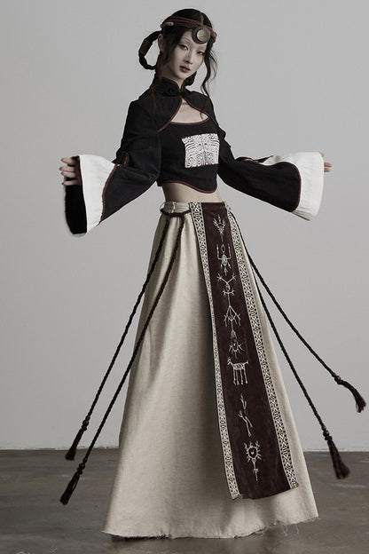Embroidered Suede Panel Skirt