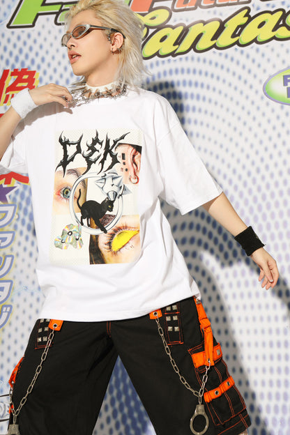 T-shirt oversize con anello in metallo a forma di occhio e gatto nero