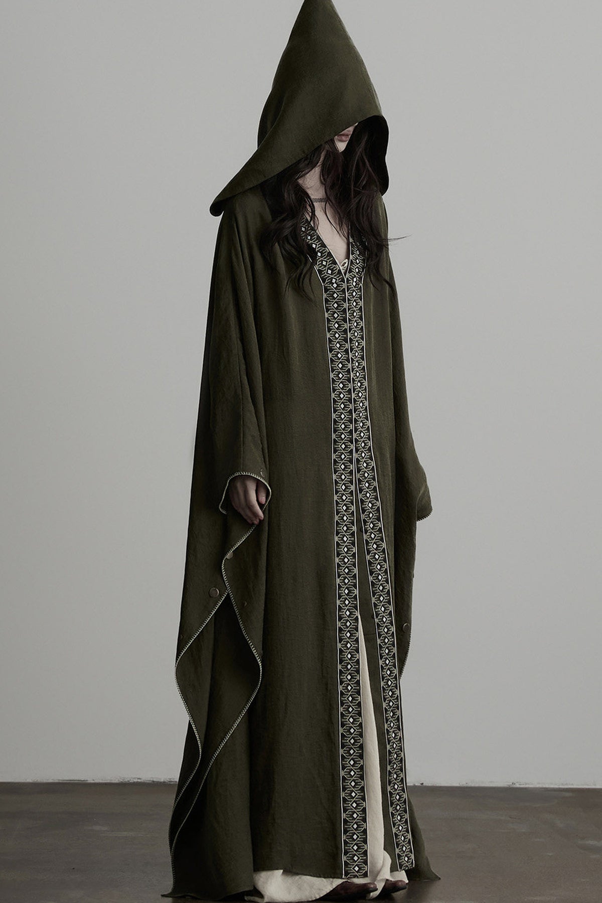 Dark Forest Green Embroidered Detachable Hood Cape