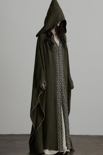 Dark Forest Green Embroidered Detachable Hood Cape