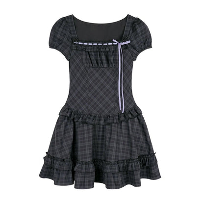 Rose Plaid Lolita Square Neck Dress