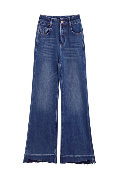 High-Waisted Fleece-Lined Flared Raw Hem Slit Jeans