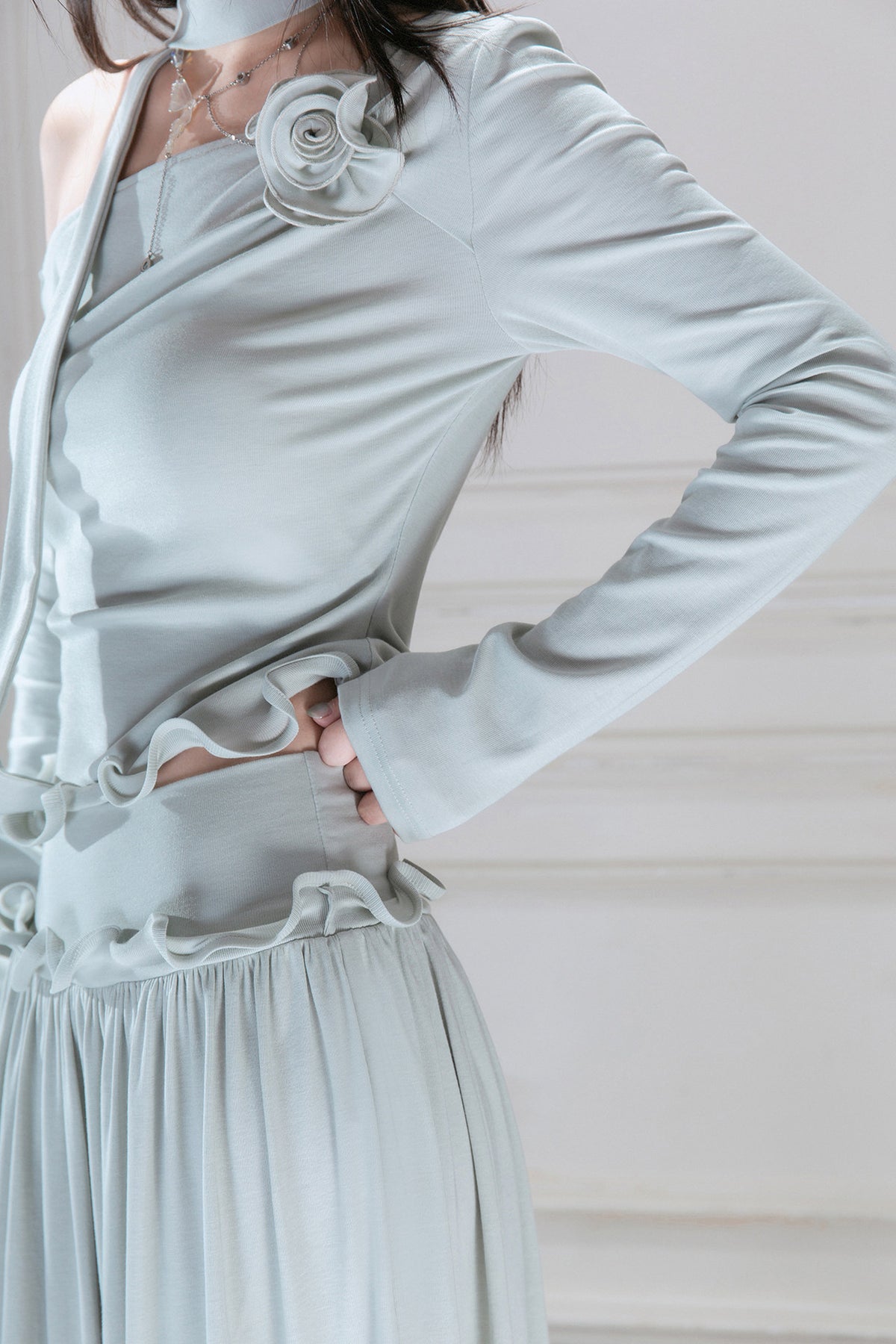 Off-Shoulder Wavy Edge Knit Top and Skirt Set