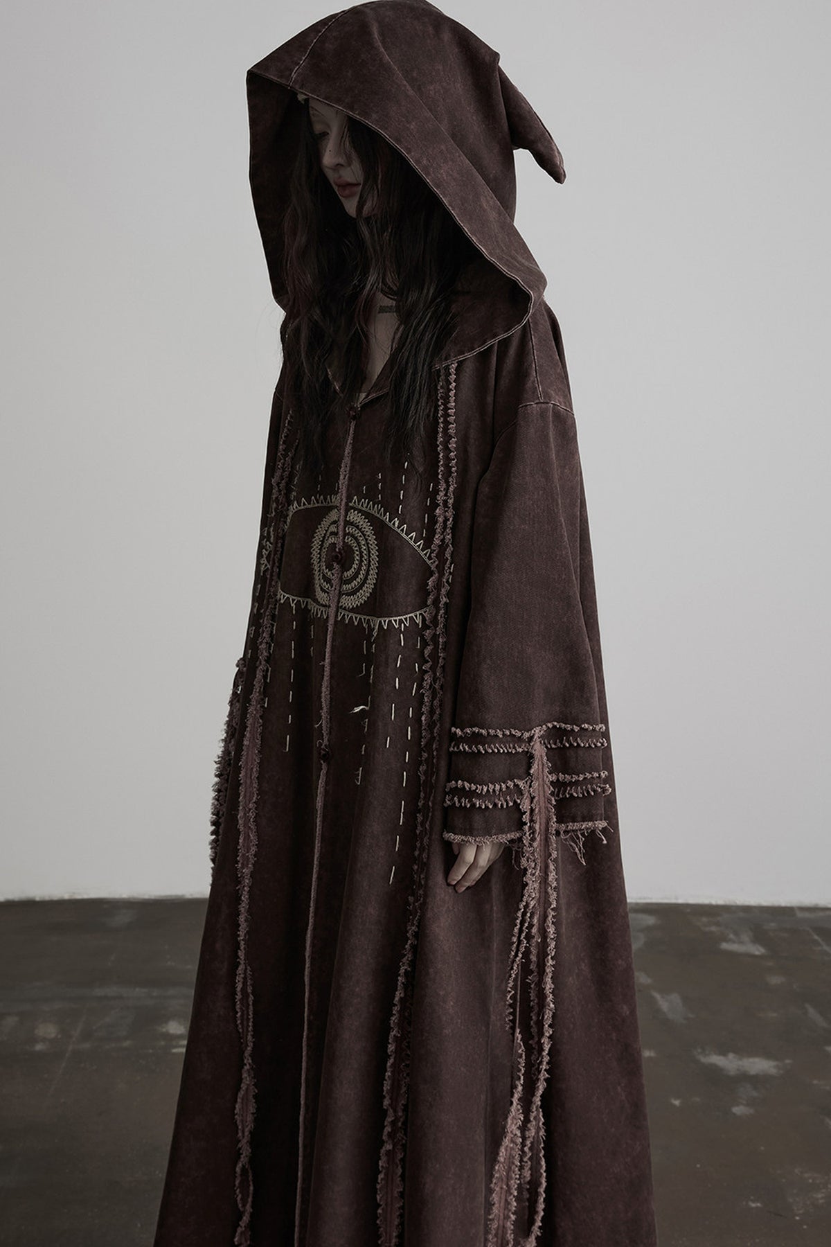 Red-Brown Quilted Embroidered Long Hooded Trench Coat