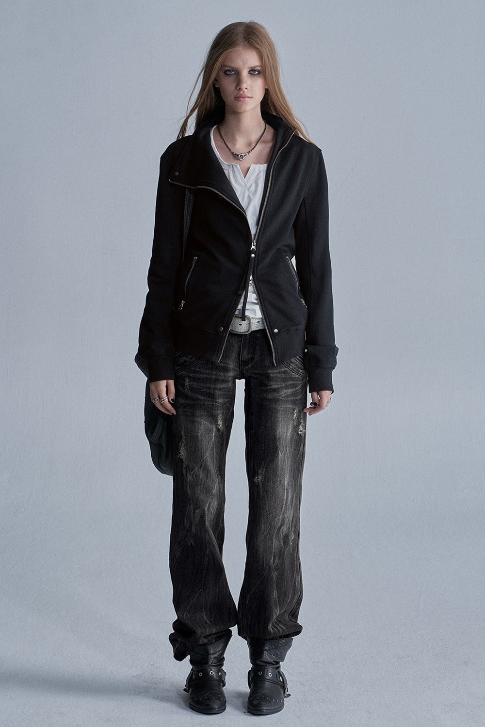 Diagonal Zipper Rivet Cardigan Jacket
