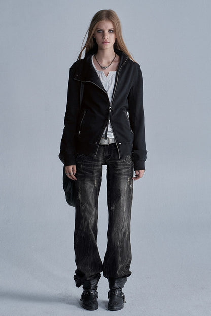 Diagonal Zipper Rivet Cardigan Jacket