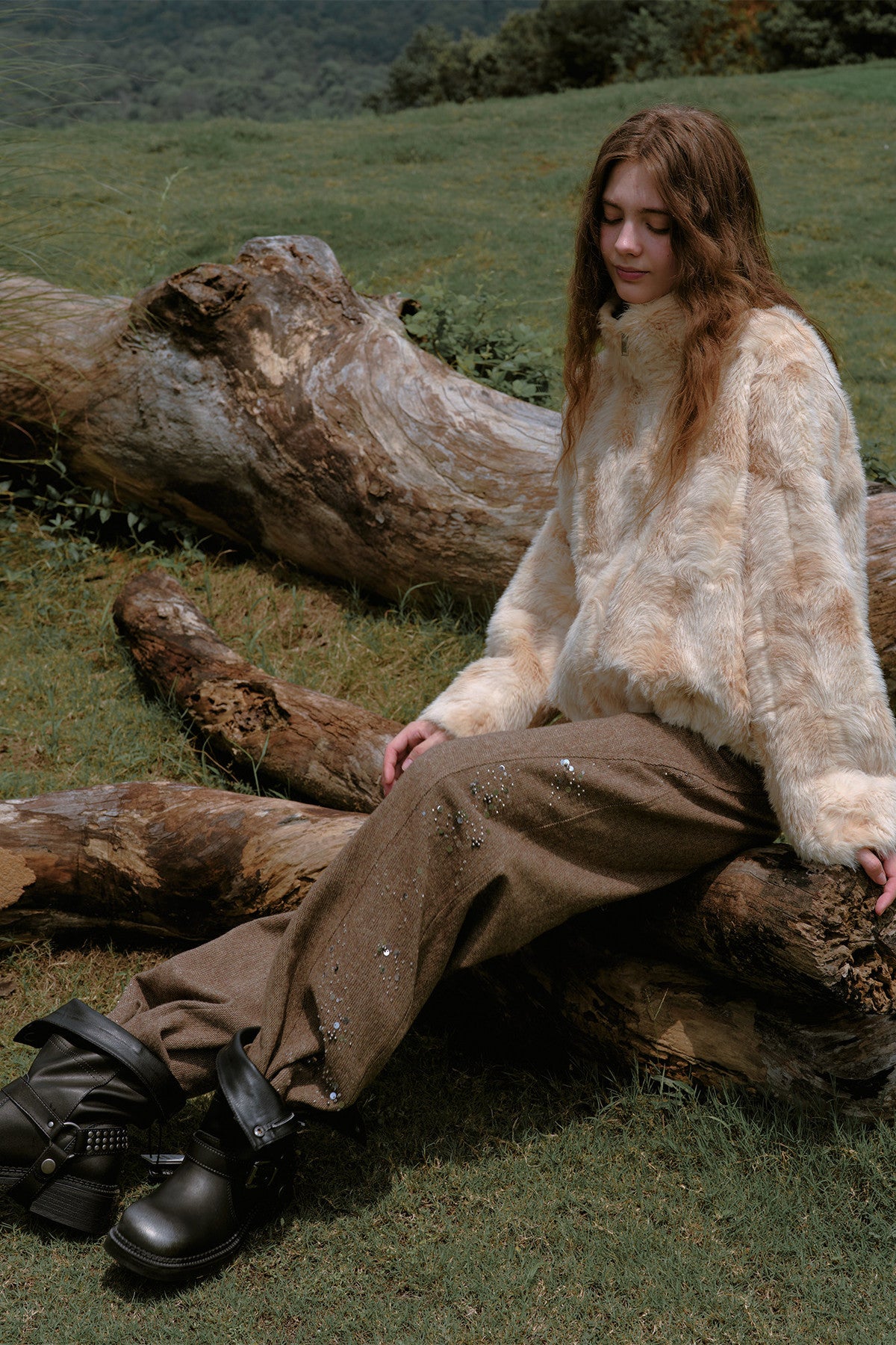 High-Waisted Loose Beaded Patchwork Wool Tweed Pants