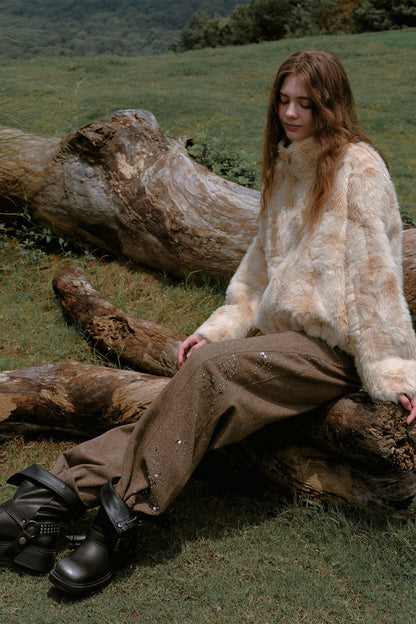High-Waisted Loose Beaded Patchwork Wool Tweed Pants