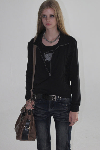 Black Long-Sleeve Zipper Print T-Shirt