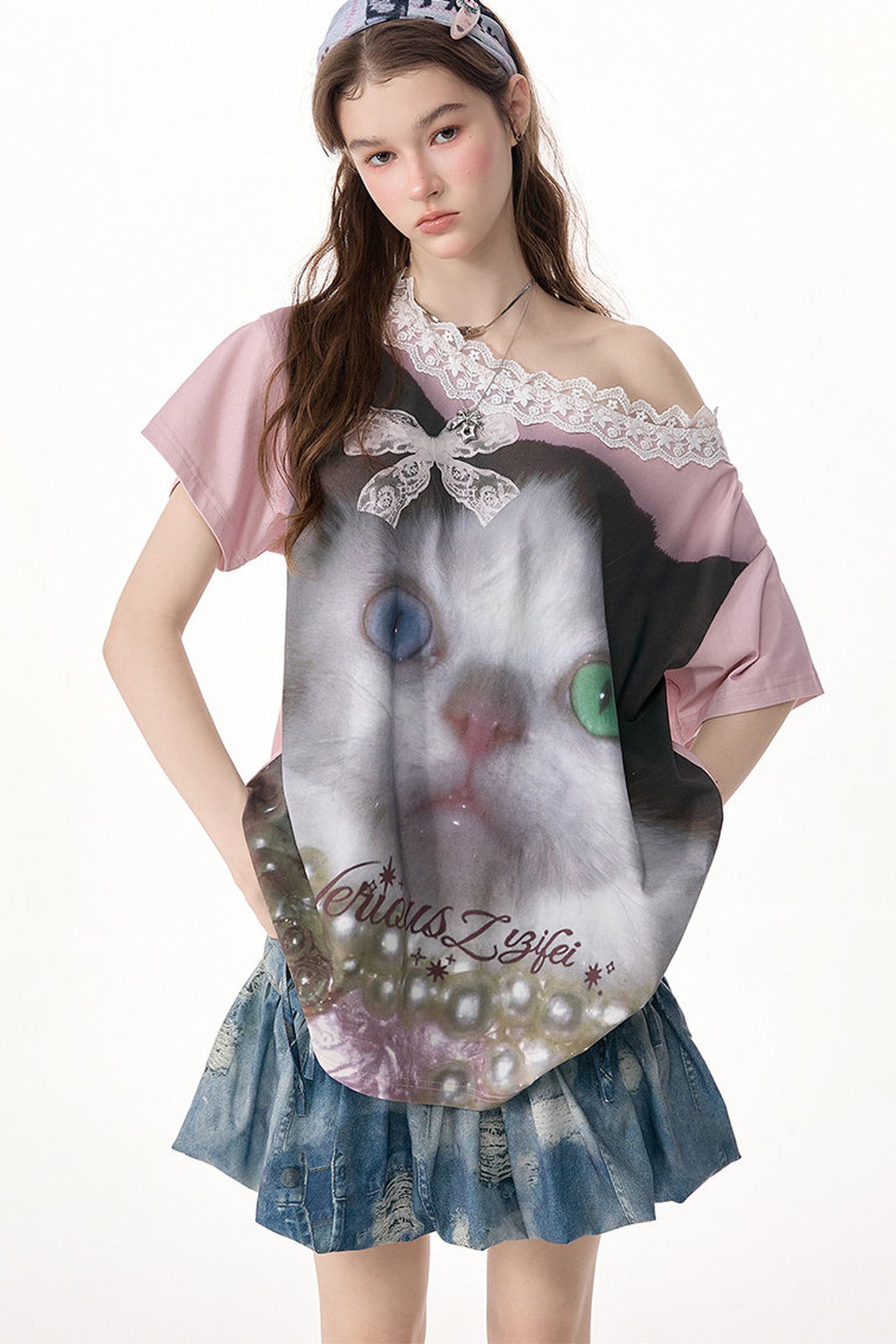 Cat Print Lace Collar Oversized T-Shirt