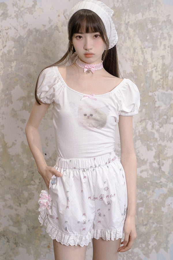 Cat Bunny Bow Short Sleeve T-shirt