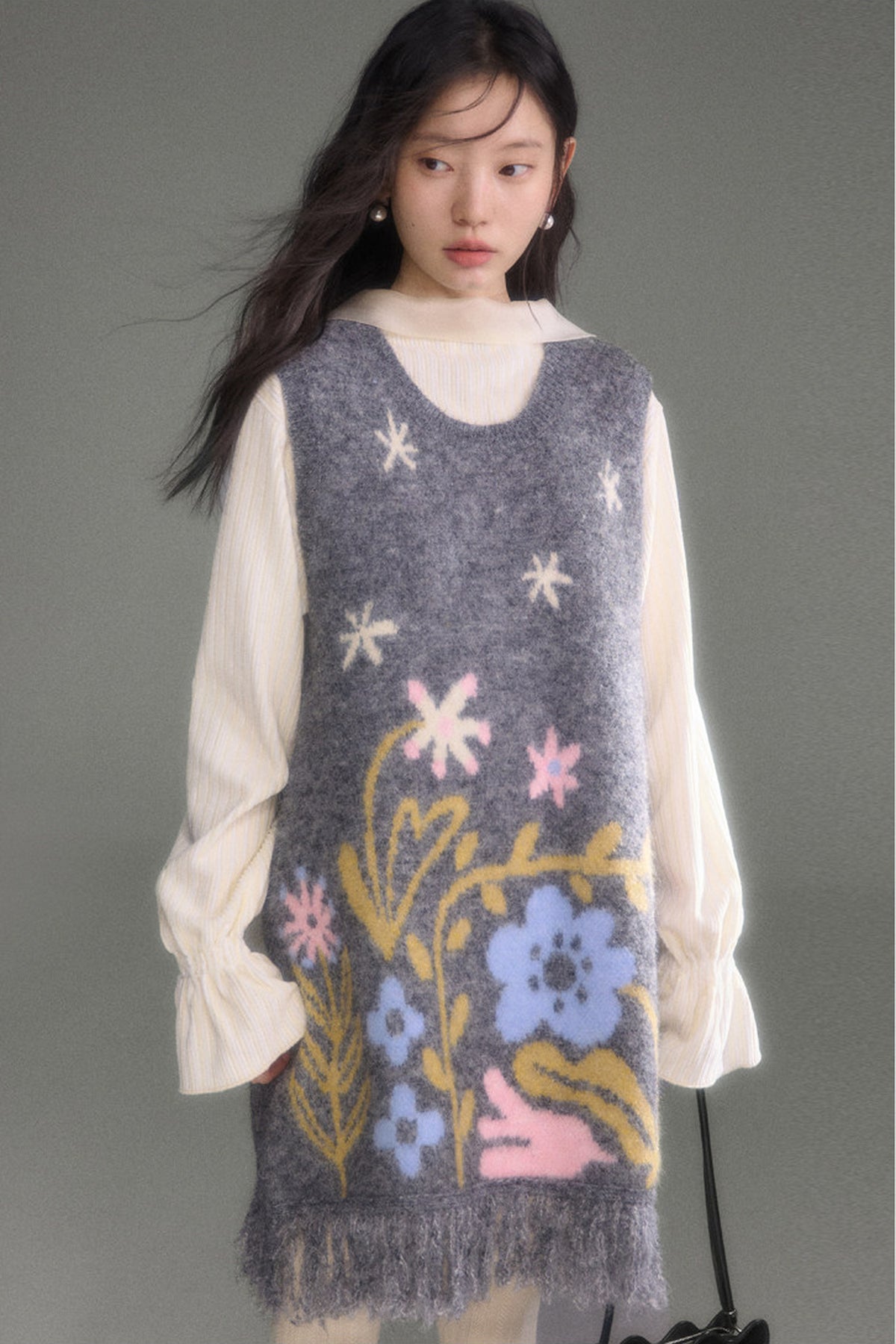 Ear-Shaped Wool-Blend Bird and Flower Jacquard Dress Set-Up