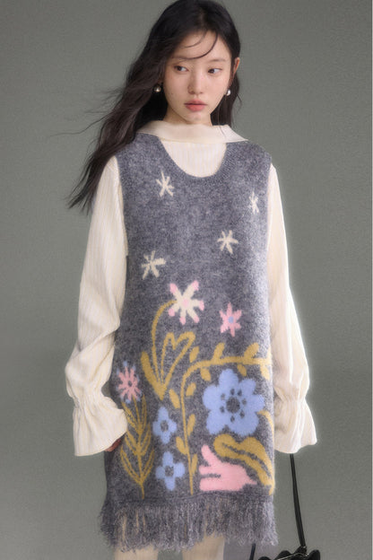 Ear-Shaped Wool-Blend Bird and Flower Jacquard Dress Set-Up