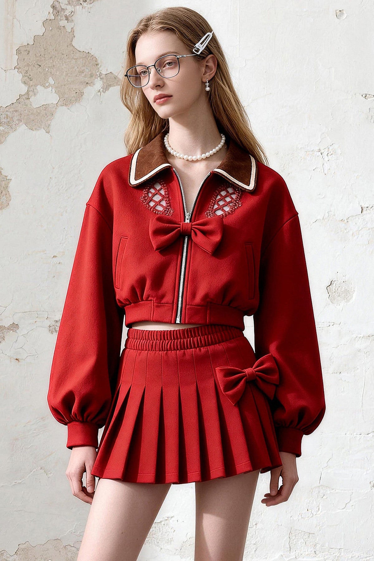 Collared Pleated Skirt Set