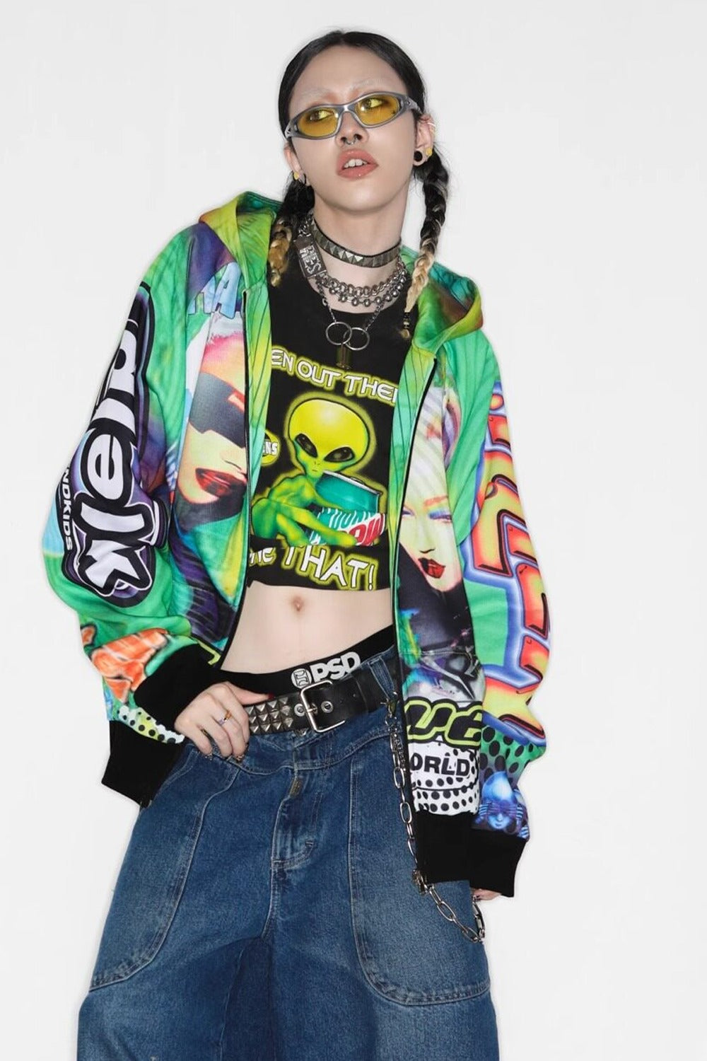 Y2K Alien Rave Print Hooded Jacket