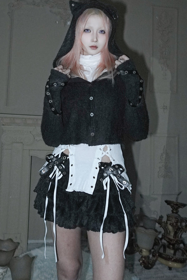 Plush Hooded Cat Ear Cardigan and Skirt Set-Up