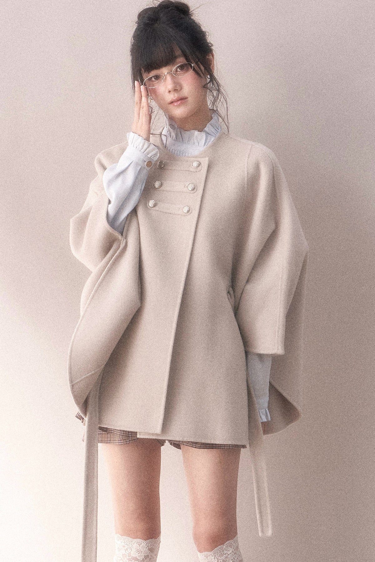 Double-Sided Wool Metal Button Cape Coat Set