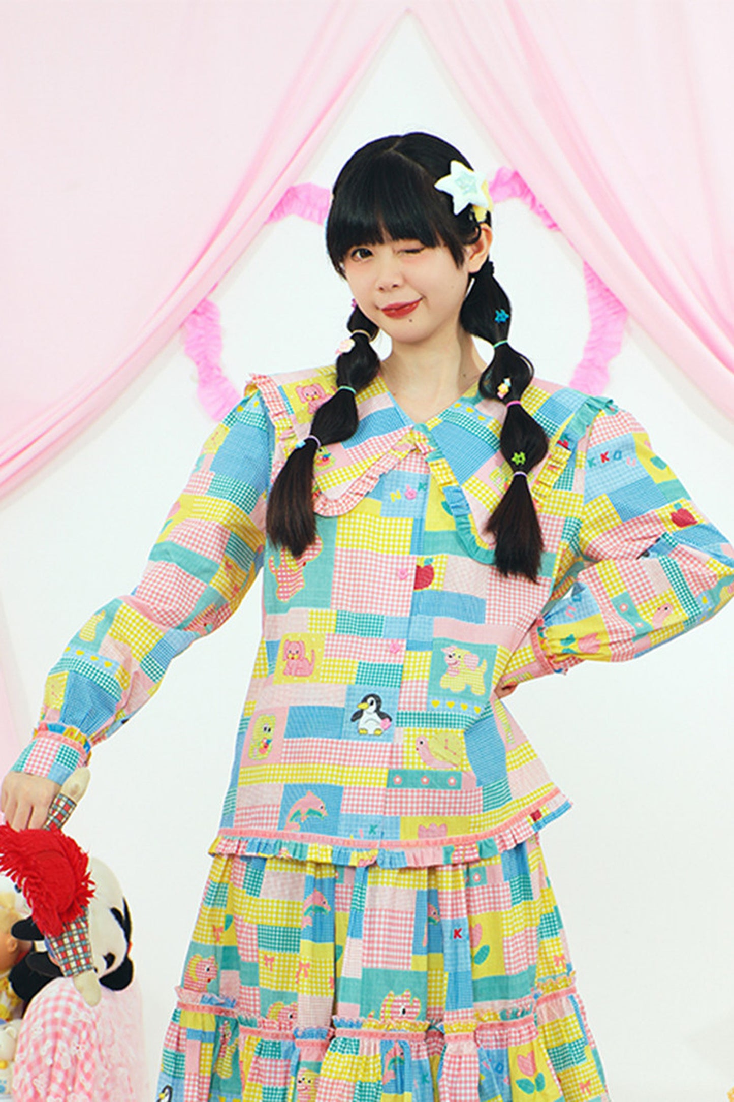 Patchwork Print Doll Collar Shirt