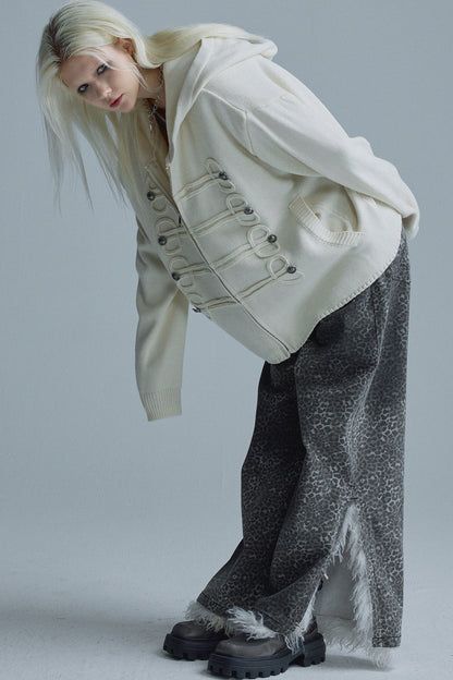 Chain Embroidery Hooded Knit Cardigan