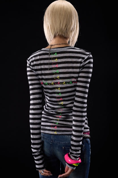 Skull Print Striped Long-Sleeve T-Shirt