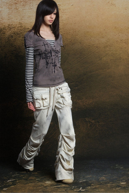 Cross Print Layered-Look V-Neck T-Shirt
