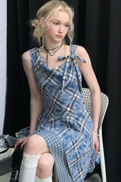 Irregular Blue Plaid Camisole Dress