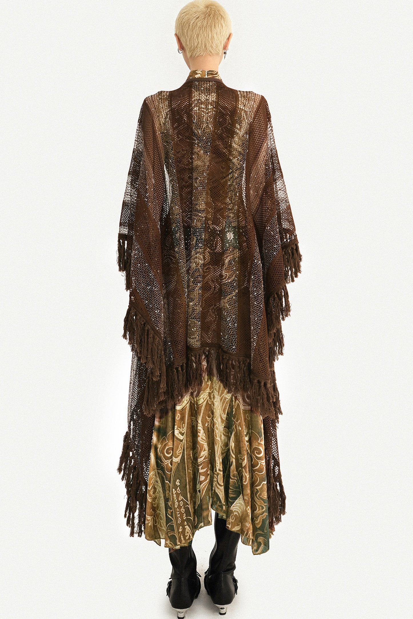 Long Brown Tassel Mesh Cardigan