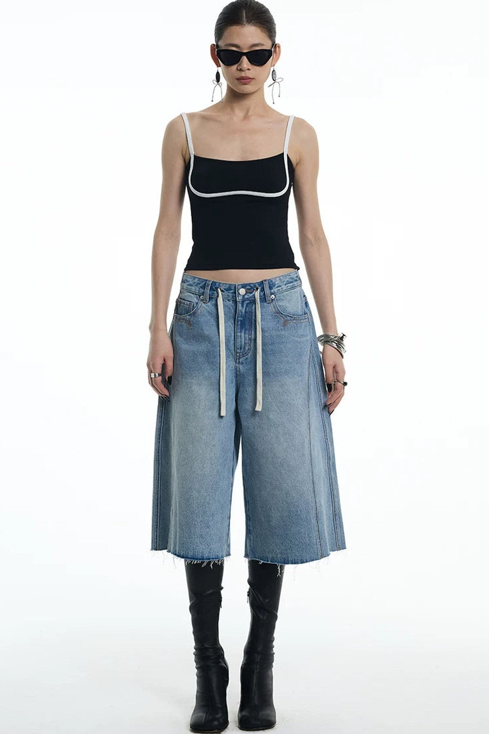 Embroidered Denim Mid-Length Pants