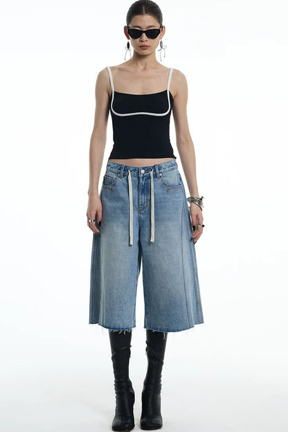Embroidered Denim Mid-Length Pants