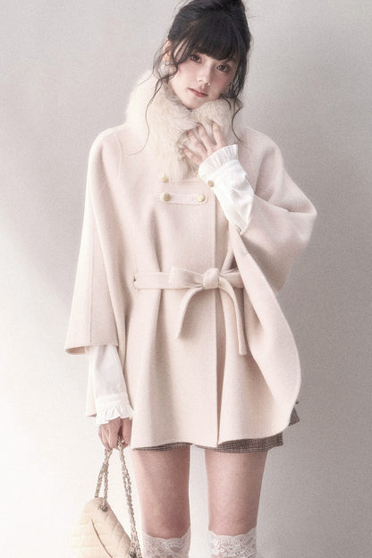 Double-Sided Wool Metal Button Cape Coat Set