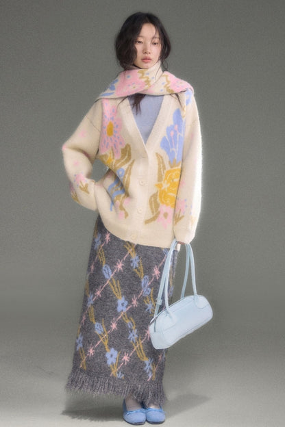Ear-Shaped Wool-Blend Bird and Flower Jacquard Dress Set-Up