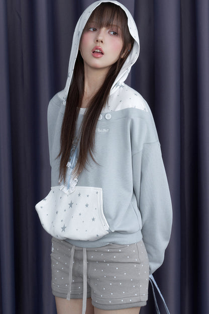 Blue White Star Layered-Look Hooded Sweatshirt